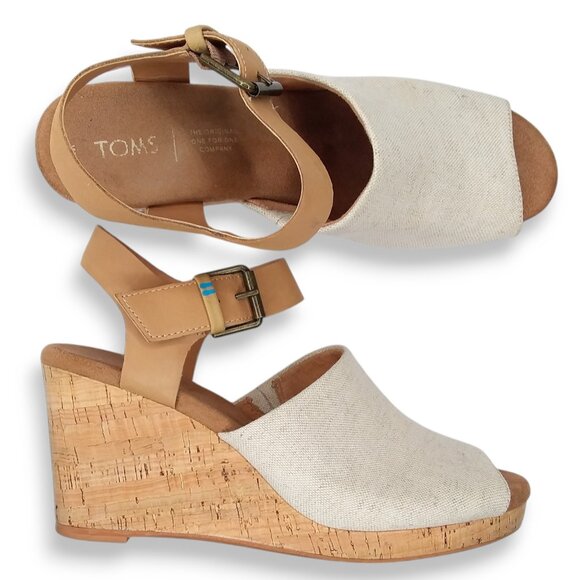 Toms Shoes - Toms Desert Cork Wedge Sandals Size 9 Ivory Peep Toe Nautical Coastal Beach